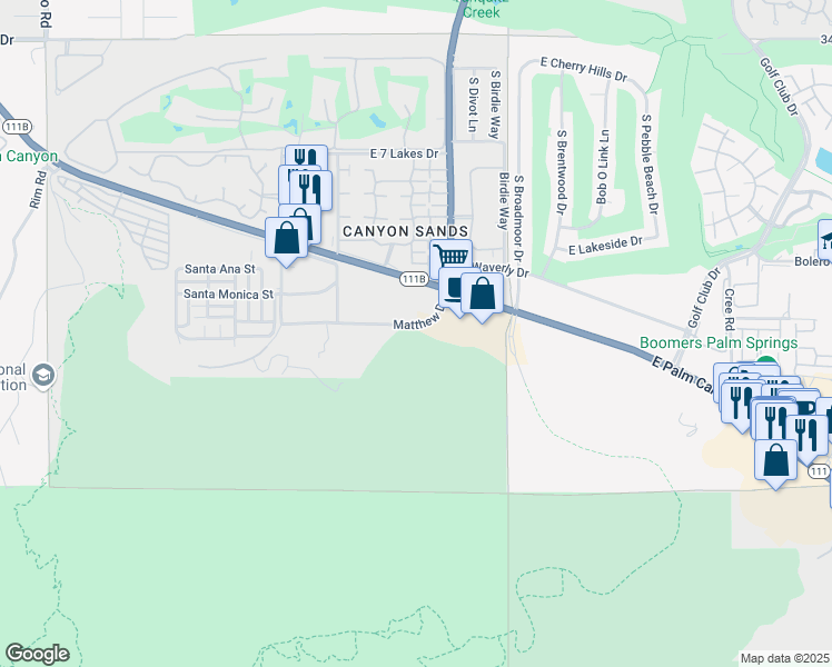 map of restaurants, bars, coffee shops, grocery stores, and more near 4601 Matthew Drive in Palm Springs