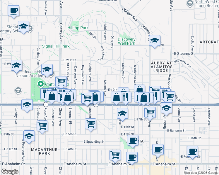map of restaurants, bars, coffee shops, grocery stores, and more near 2601 East 19th Street in Signal Hill