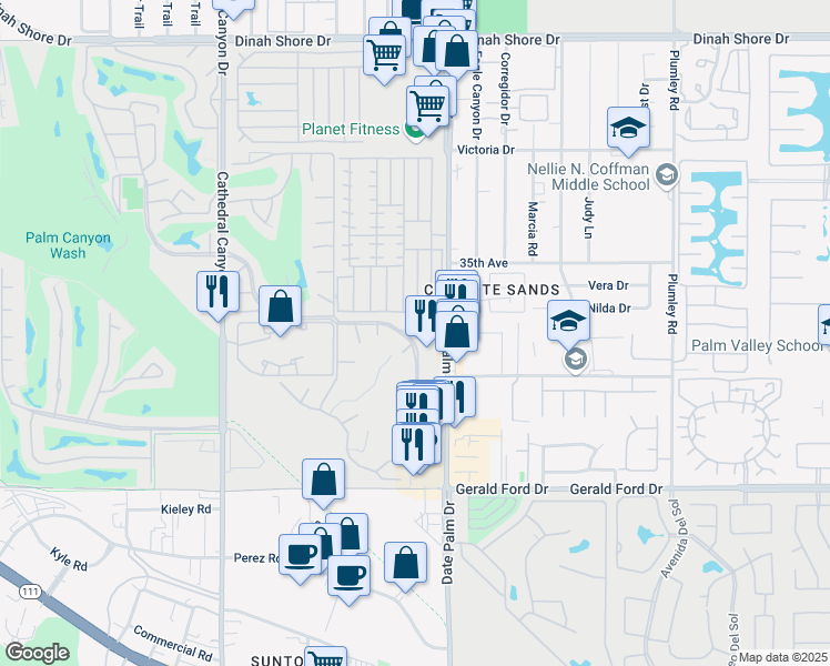 map of restaurants, bars, coffee shops, grocery stores, and more near 68859 Paseo Real in Cathedral City