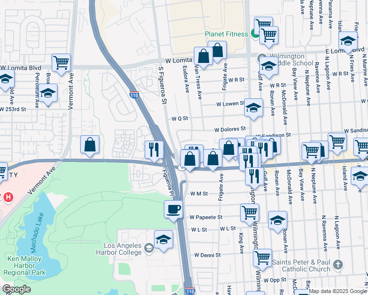 map of restaurants, bars, coffee shops, grocery stores, and more near 1423 West Cruces Street in Los Angeles