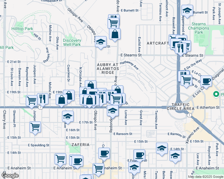 map of restaurants, bars, coffee shops, grocery stores, and more near 1905 Redondo Avenue in Signal Hill