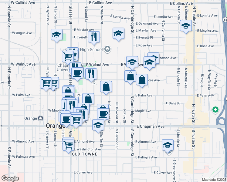 map of restaurants, bars, coffee shops, grocery stores, and more near 317 North Cleveland Street in Orange
