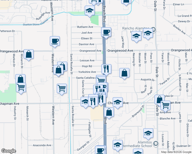 map of restaurants, bars, coffee shops, grocery stores, and more near 7891 Santa Catalina Ave in Stanton