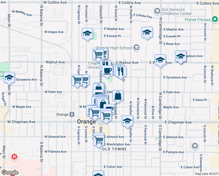 map of restaurants, bars, coffee shops, grocery stores, and more near 321 North Glassell Street in Orange
