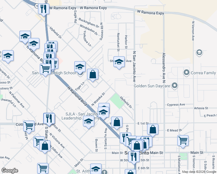 map of restaurants, bars, coffee shops, grocery stores, and more near 368 Idyllwild Drive in San Jacinto