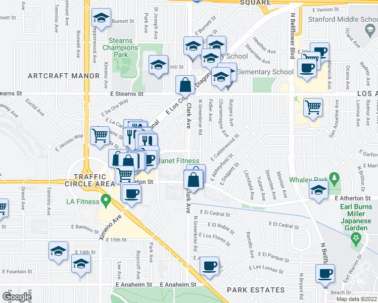 map of restaurants, bars, coffee shops, grocery stores, and more near Clark Ave & E Garford St in Long Beach