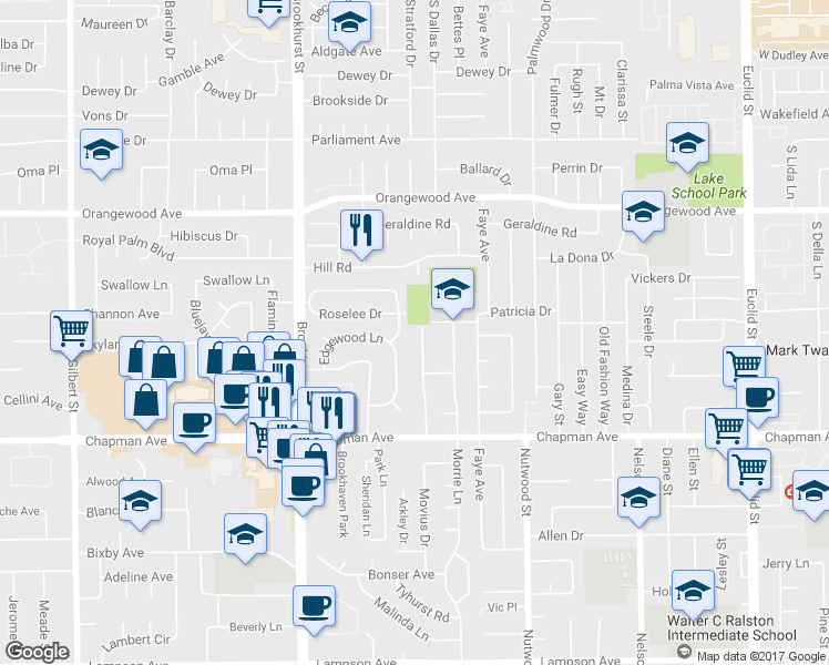 map of restaurants, bars, coffee shops, grocery stores, and more near 11751 Seacrest Drive in Garden Grove