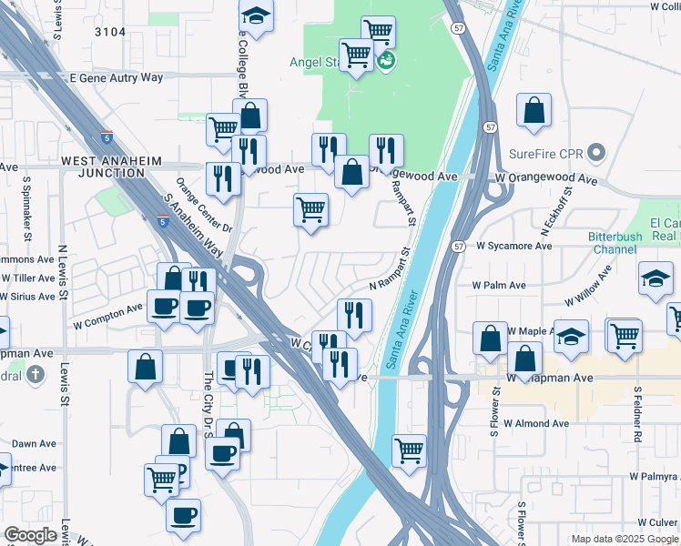 map of restaurants, bars, coffee shops, grocery stores, and more near 300 North Rampart Street in Orange