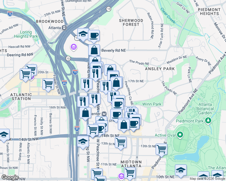 map of restaurants, bars, coffee shops, grocery stores, and more near 1365 Peachtree Street Northeast in Atlanta