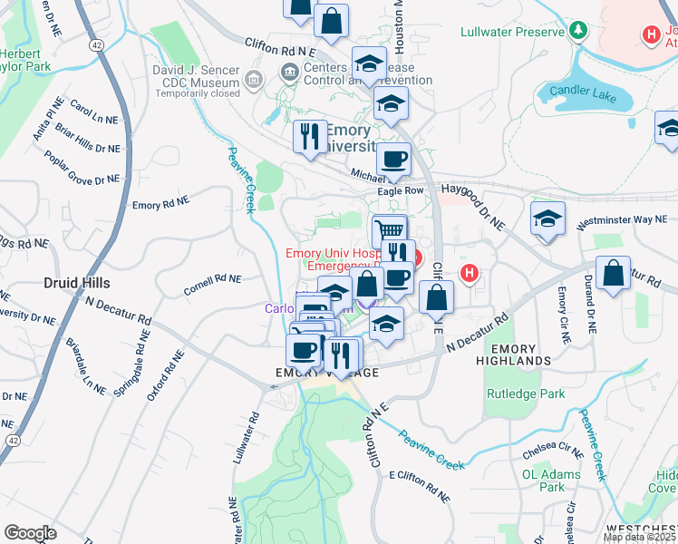 map of restaurants, bars, coffee shops, grocery stores, and more near Dickey Drive in Atlanta