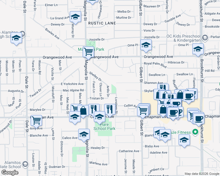 map of restaurants, bars, coffee shops, grocery stores, and more near 11752 Ardis Drive in Garden Grove