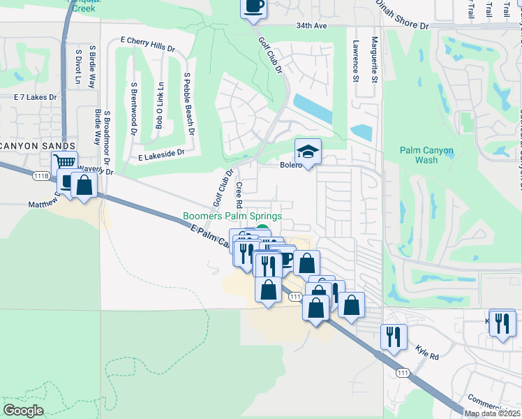 map of restaurants, bars, coffee shops, grocery stores, and more near 35308 Rush Lane in Cathedral City