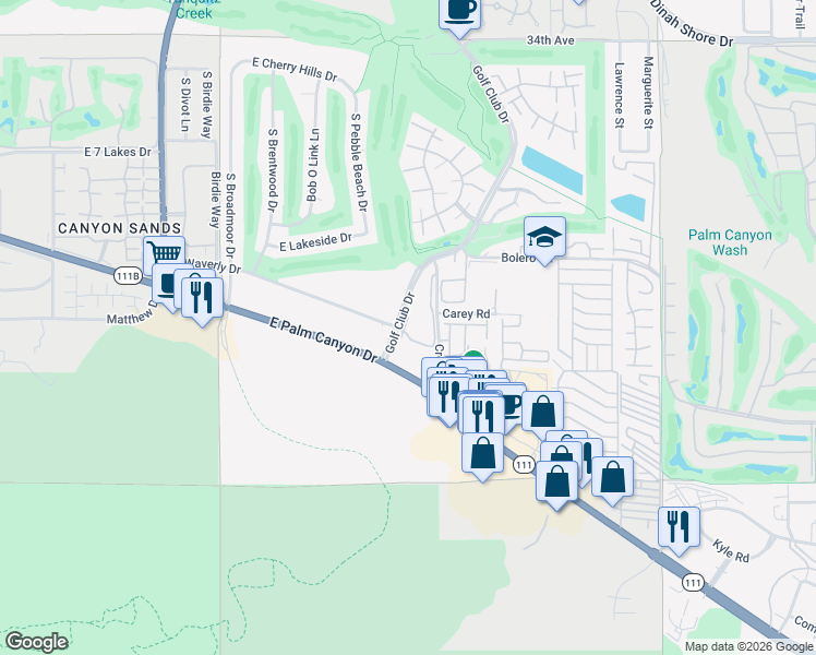 map of restaurants, bars, coffee shops, grocery stores, and more near 2700 Golf Club Drive in Palm Springs