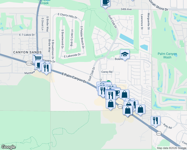 map of restaurants, bars, coffee shops, grocery stores, and more near 2700 Lawrence Crossley Road in Palm Springs