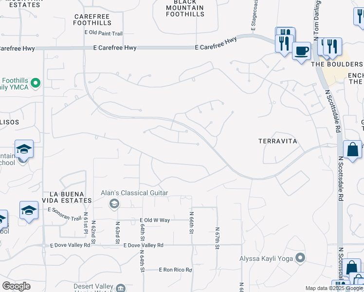 map of restaurants, bars, coffee shops, grocery stores, and more near 6567 East Shooting Star Way in Scottsdale