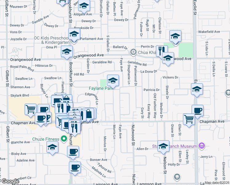 map of restaurants, bars, coffee shops, grocery stores, and more near 11752 Morrie Lane in Garden Grove