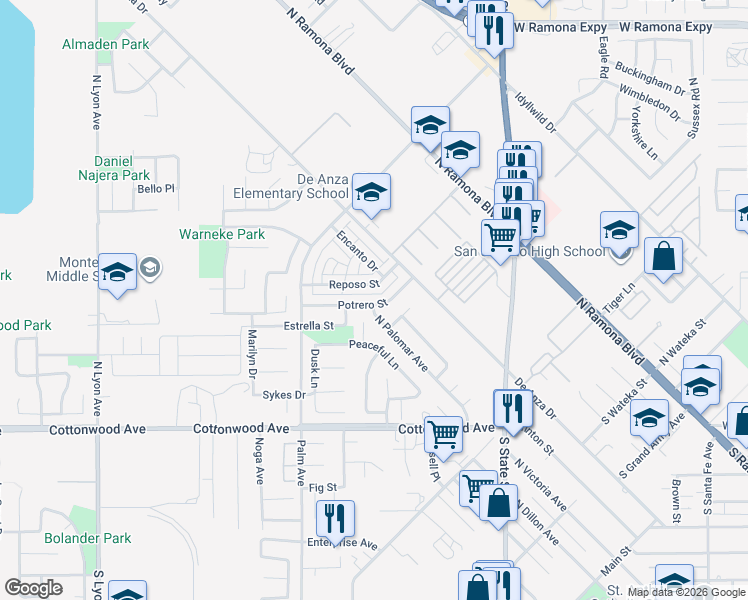 map of restaurants, bars, coffee shops, grocery stores, and more near 405 Potrero Street in San Jacinto