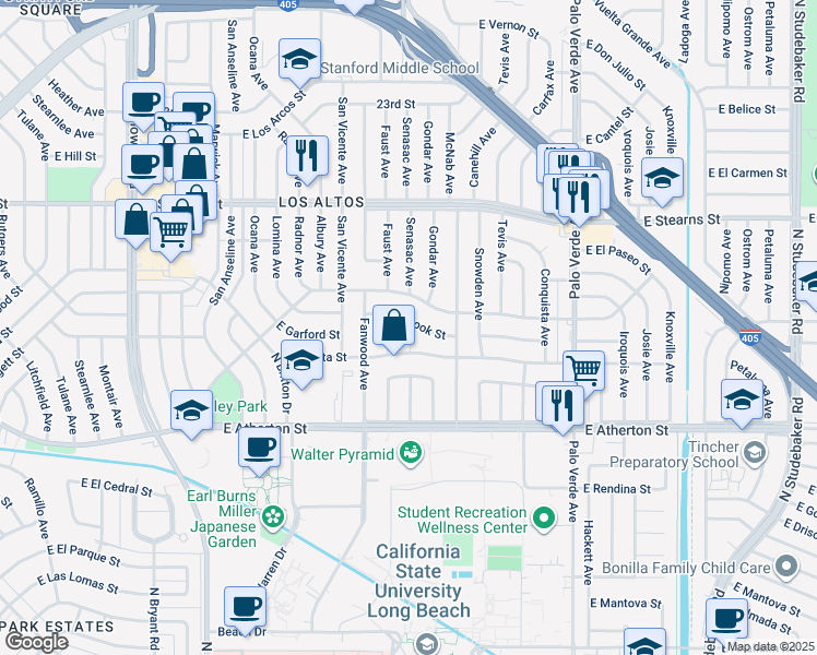 map of restaurants, bars, coffee shops, grocery stores, and more near 6040 East Fairbrook Street in Long Beach