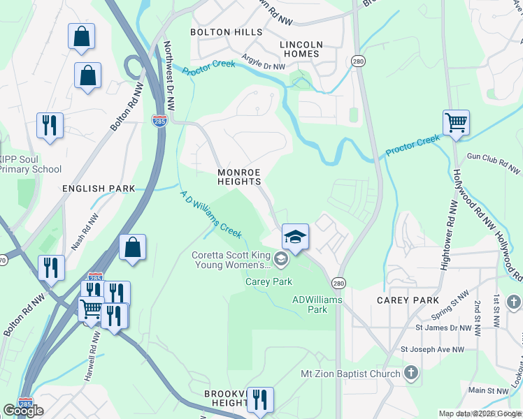 map of restaurants, bars, coffee shops, grocery stores, and more near 1344 Northwest Drive Northwest in Atlanta