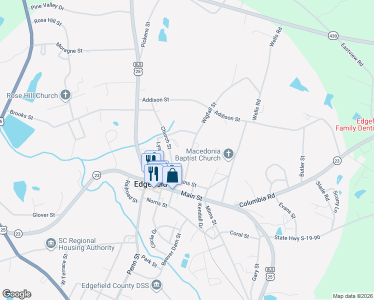 map of restaurants, bars, coffee shops, grocery stores, and more near 305 Wigfall Street in Edgefield