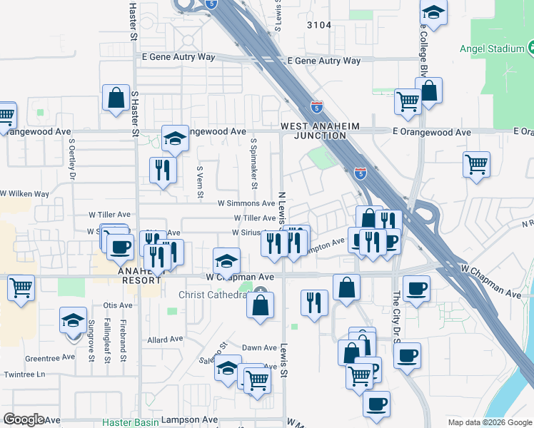 map of restaurants, bars, coffee shops, grocery stores, and more near 4143 West Tiller Avenue in Orange