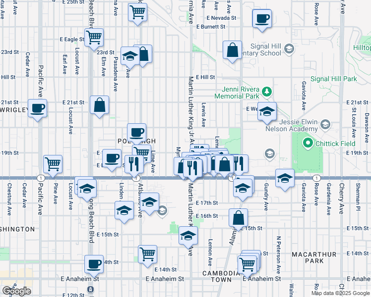 map of restaurants, bars, coffee shops, grocery stores, and more near 925 East 19th Street in Long Beach