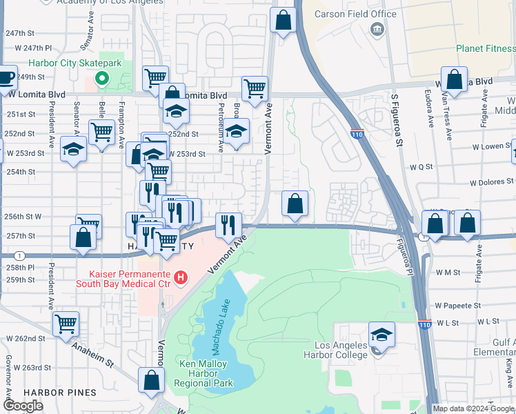 map of restaurants, bars, coffee shops, grocery stores, and more near 25526 Bayside Place in Los Angeles