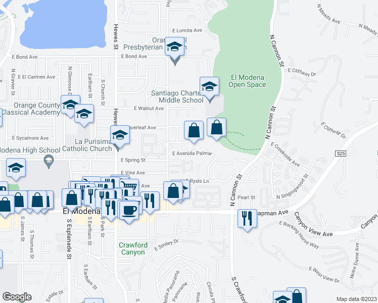 map of restaurants, bars, coffee shops, grocery stores, and more near 19201 East Avenida Palmar in Orange