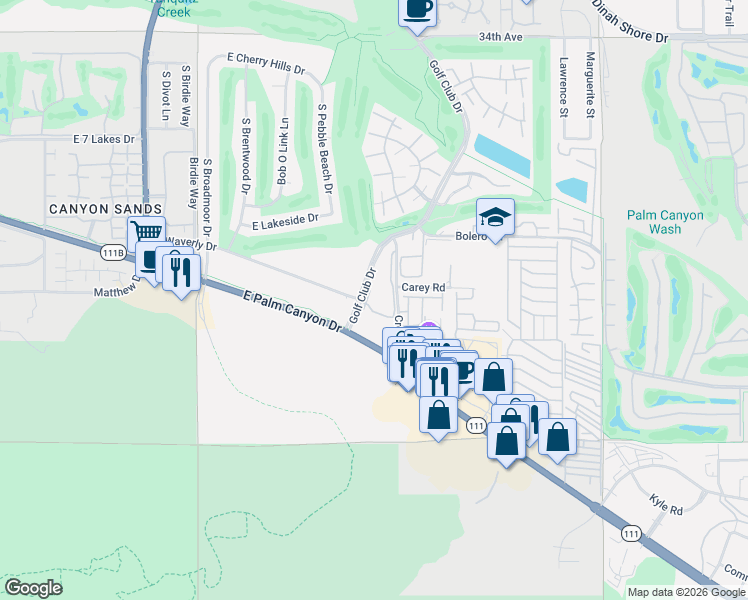 map of restaurants, bars, coffee shops, grocery stores, and more near 2700 Golf Club Drive in Palm Springs