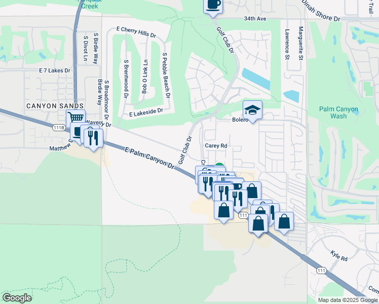 map of restaurants, bars, coffee shops, grocery stores, and more near 2700 Golf Club Drive in Palm Springs