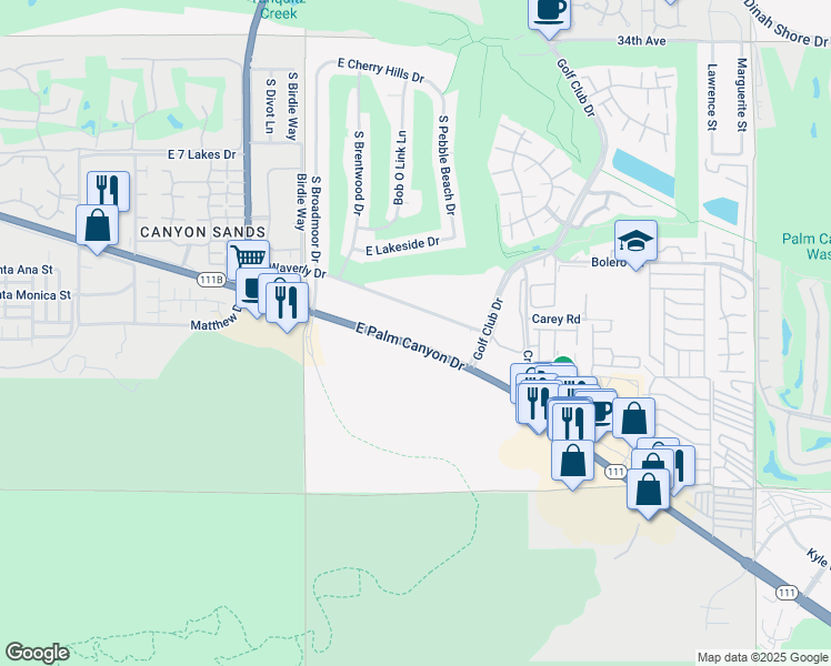 map of restaurants, bars, coffee shops, grocery stores, and more near 5301 East Waverly Drive in Palm Springs