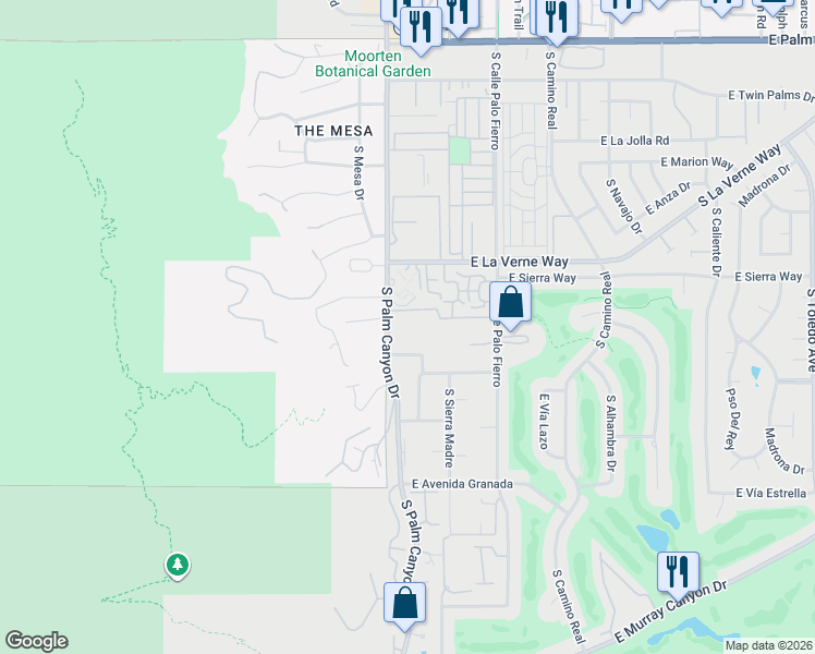 map of restaurants, bars, coffee shops, grocery stores, and more near 2160 South Palm Canyon Drive in Palm Springs