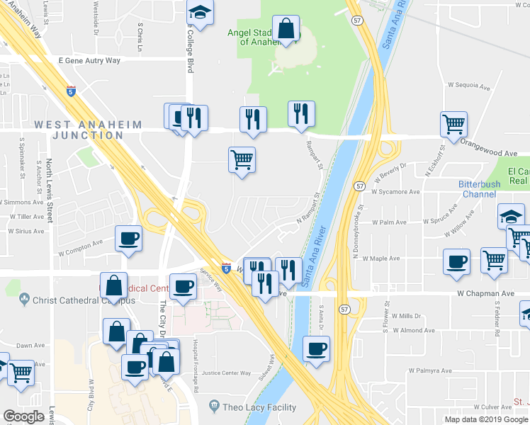 map of restaurants, bars, coffee shops, grocery stores, and more near 141 Orleans Street in Orange