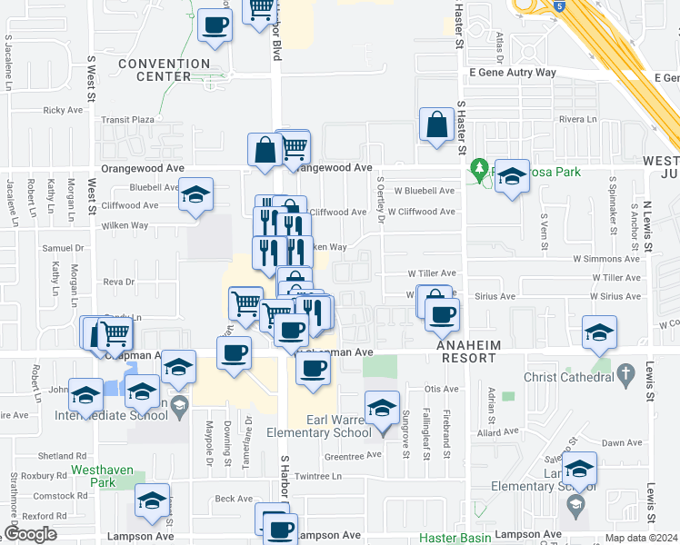 map of restaurants, bars, coffee shops, grocery stores, and more near 500 West Summerfield Circle in Anaheim