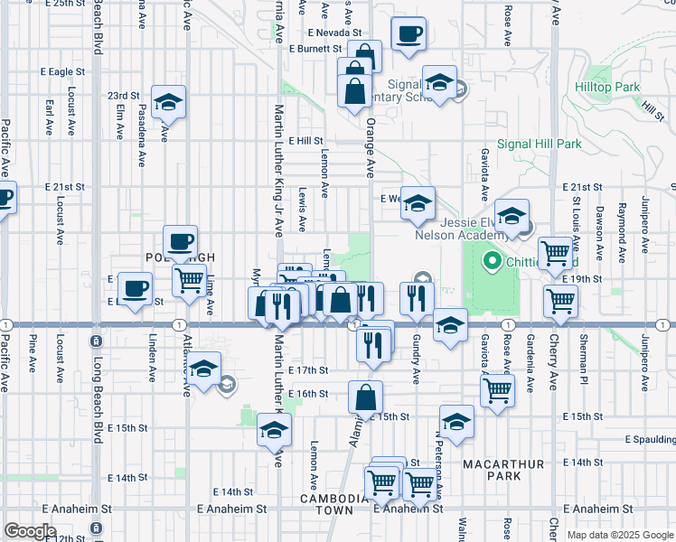 map of restaurants, bars, coffee shops, grocery stores, and more near 1950 Lemon Avenue in Long Beach