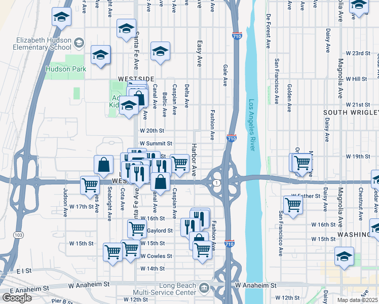 map of restaurants, bars, coffee shops, grocery stores, and more near 1910 Harbor Avenue in Long Beach