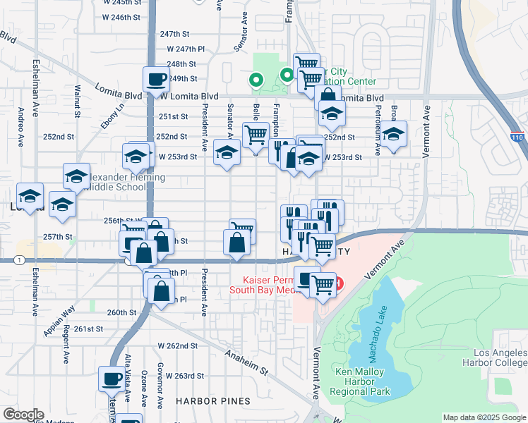 map of restaurants, bars, coffee shops, grocery stores, and more near 25518 Belle Porte Avenue in Los Angeles