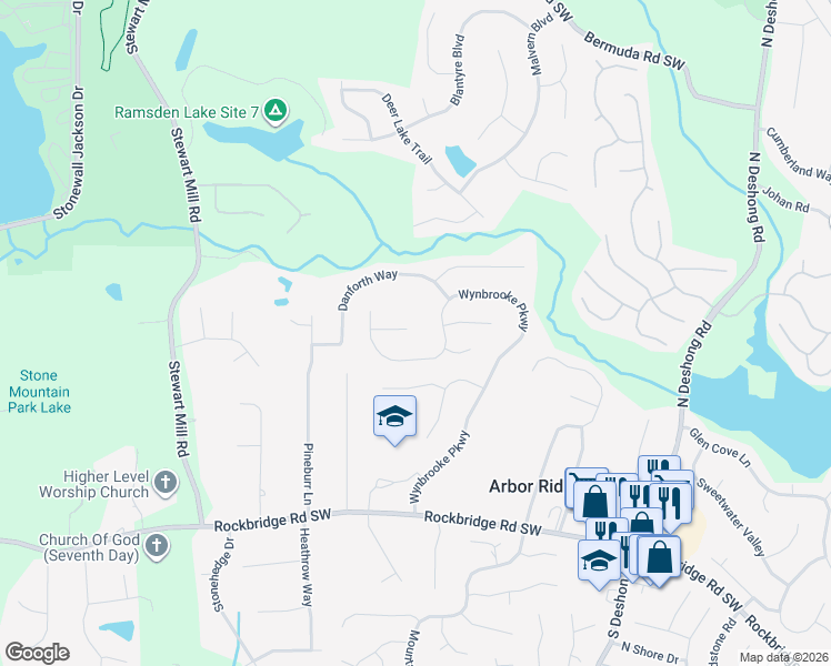 map of restaurants, bars, coffee shops, grocery stores, and more near 597 Wynmeadow Court in Stone Mountain