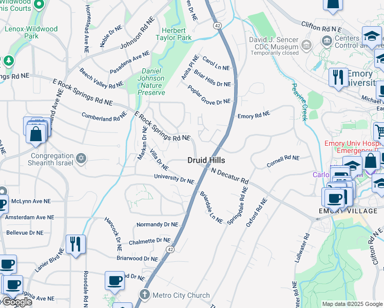 map of restaurants, bars, coffee shops, grocery stores, and more near 1495 East Rock Springs Road Northeast in Atlanta