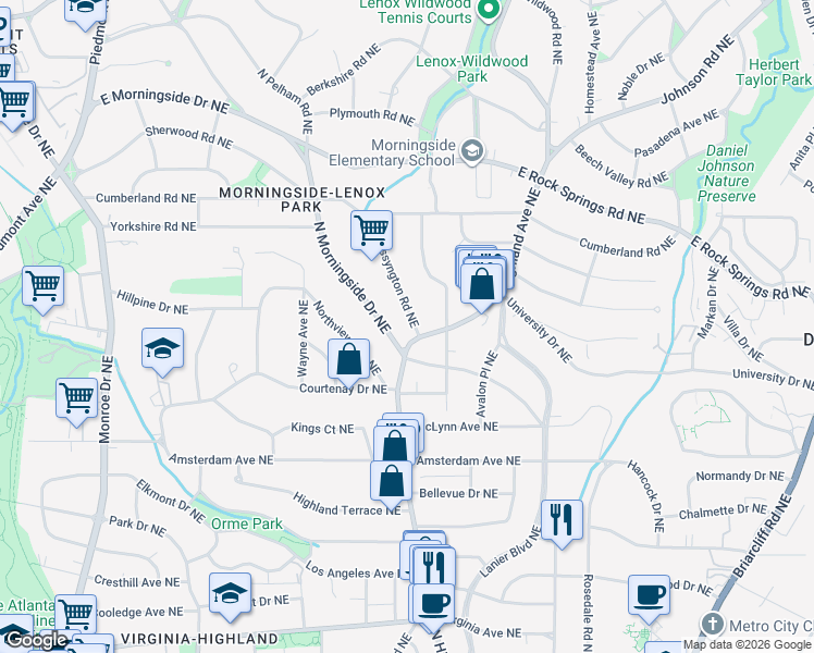 map of restaurants, bars, coffee shops, grocery stores, and more near 1370 Wessyngton Road Northeast in Atlanta