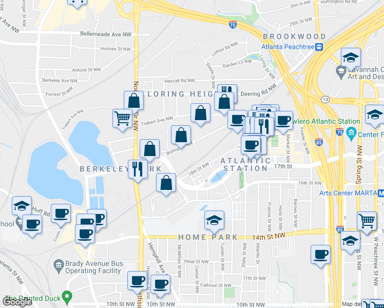 map of restaurants, bars, coffee shops, grocery stores, and more near 464 Bishop Street Northwest in Atlanta