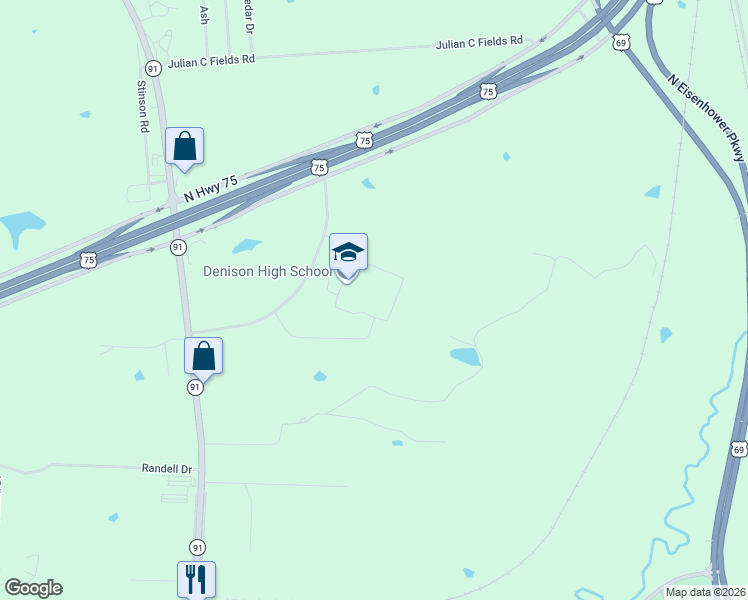 map of restaurants, bars, coffee shops, grocery stores, and more near 4200 Texas 91 in Denison