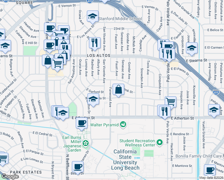 map of restaurants, bars, coffee shops, grocery stores, and more near 1940 Fanwood Avenue in Long Beach
