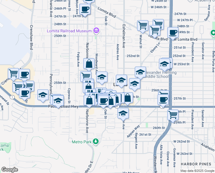 map of restaurants, bars, coffee shops, grocery stores, and more near 25512 Oak Street in Lomita