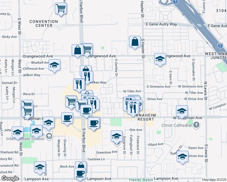 map of restaurants, bars, coffee shops, grocery stores, and more near 325 West Tiller Avenue in Anaheim