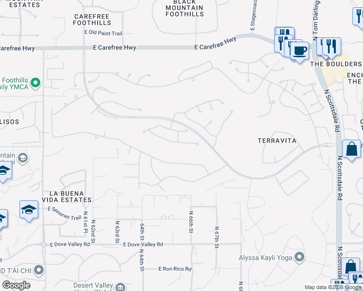 map of restaurants, bars, coffee shops, grocery stores, and more near 6567 Shooting Star Way in Scottsdale