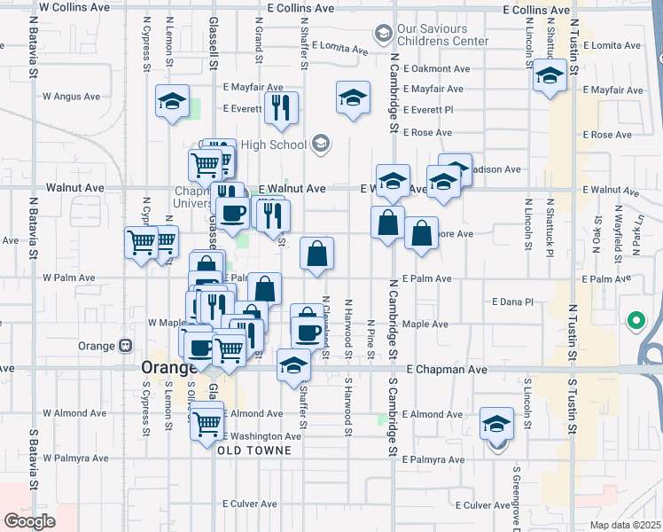 map of restaurants, bars, coffee shops, grocery stores, and more near 317 North Cleveland Street in Orange