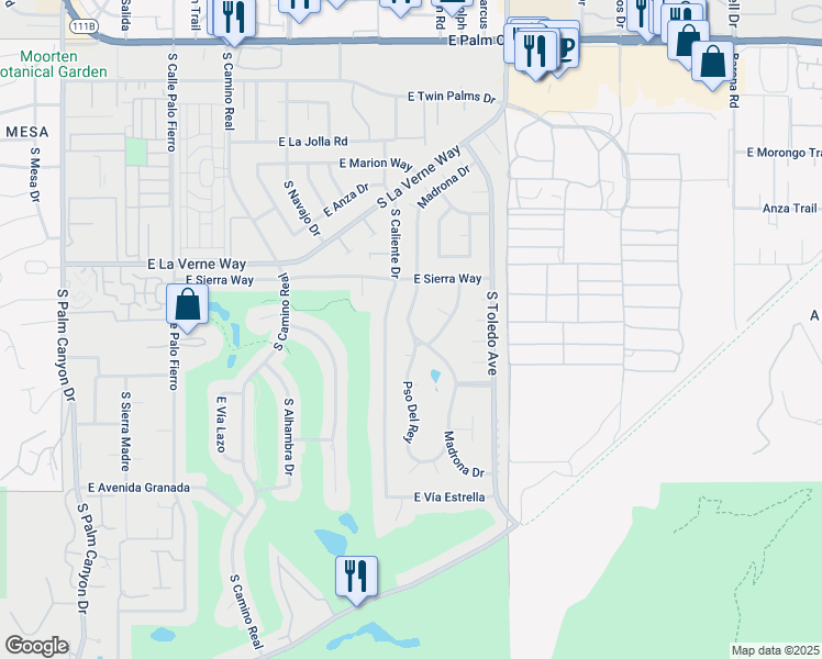 map of restaurants, bars, coffee shops, grocery stores, and more near 2202 Madrona Drive in Palm Springs