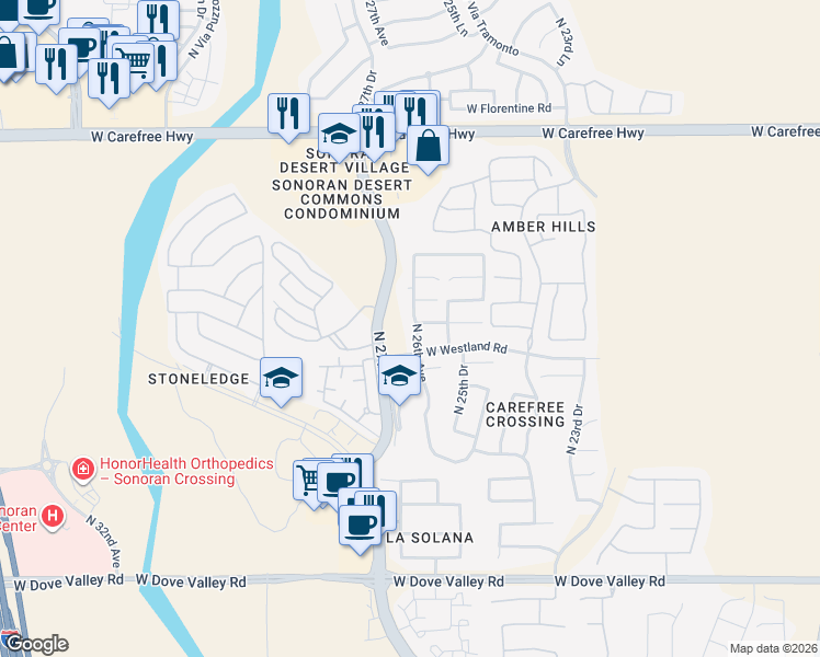 map of restaurants, bars, coffee shops, grocery stores, and more near 33826 North 26th Avenue in Phoenix