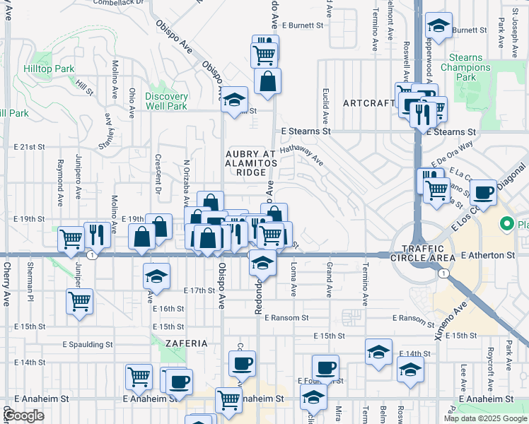 map of restaurants, bars, coffee shops, grocery stores, and more near 1905 Redondo Avenue in Signal Hill